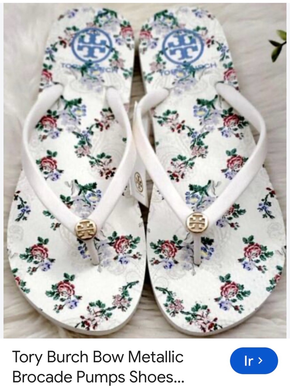 Tory Burch White Floral Logo Flip Flops with Gold Logo Medallions